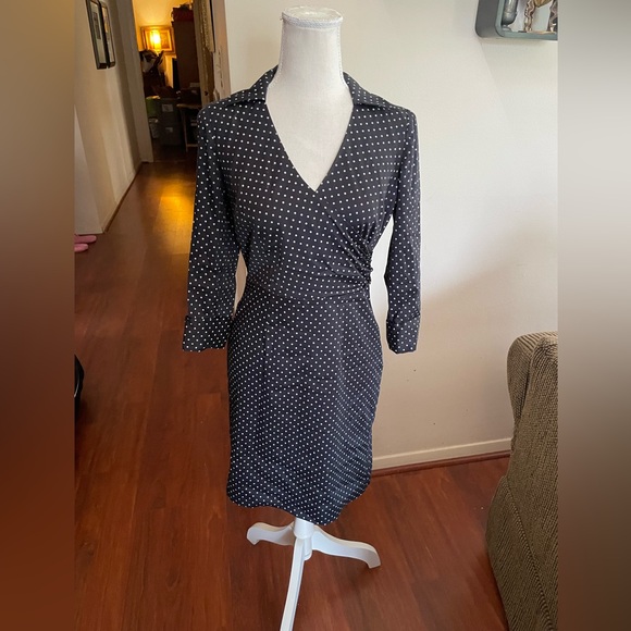 Ann Taylor Petites navy blue gray Polka Dot Faux Wrap Dress quarter sleeve 0P - Picture 5 of 16